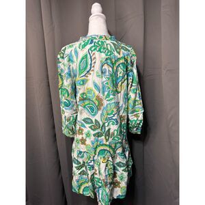 Boho Paisley Tunic Top Women Large Green Blue Floral Peasant Blouse Hippie